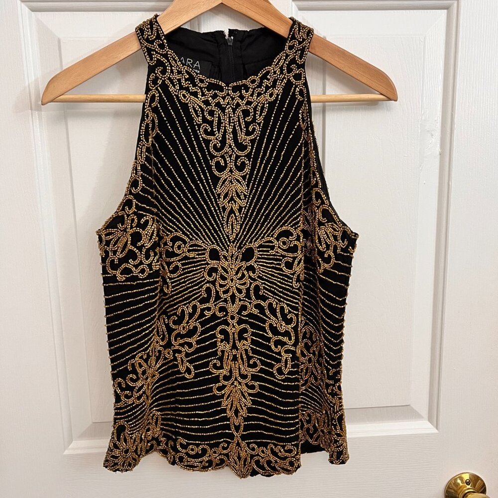J Kara Black Art Deco Gold Beaded Dressy Tank Sz S